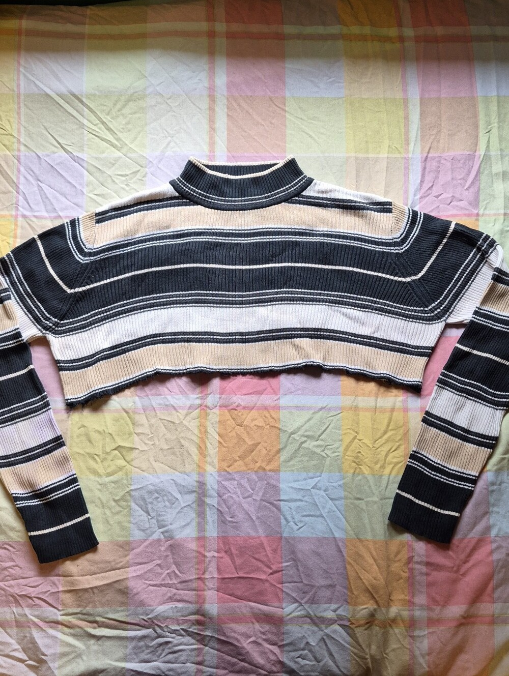 Karen Scott Striped Rib-Knit Cropped Mock Neck Top - Black & Cream